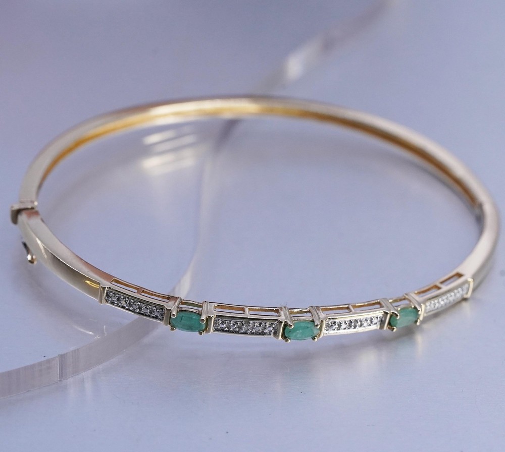 7″, vermeil gold over Sterling 925 silver bracelet, hinged bangle jade diamond