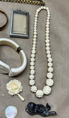 Nice Lot of Antique Jewelry – Glass Beads, Rhinestones, Hand Carved