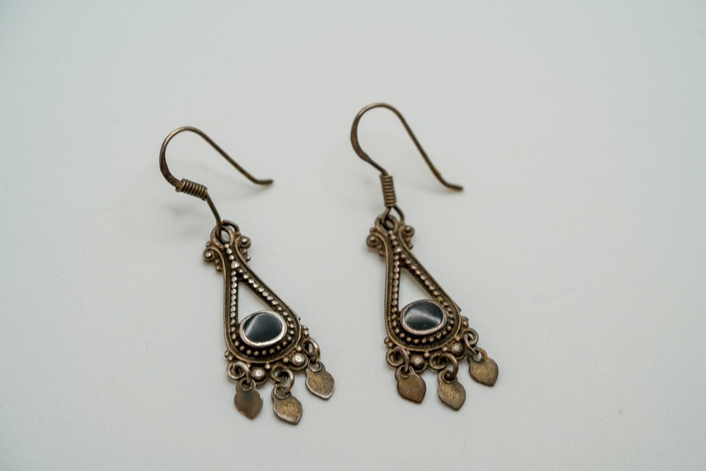 Vintage Sterling Silver Onyx Earrings 4.5cm EB3