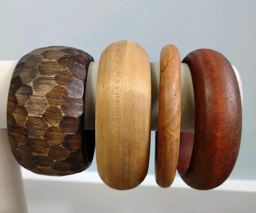 Lot Natural Wood Carved Bangle Bracelets Sz 7.5-8 Chunky Minimalist Vintage Bare