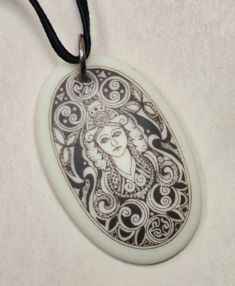 BRIGANTIA CELTIC GODDESS Porcelain Oval Pendant w/ Black Silk Cord Necklace NIB