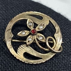 Antique Victorian Gold Filled Brooch Pin Flower Faux Seed Pearl Vintage Signed