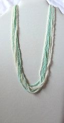 Vintage Glass Bead 6 Strand Green and White Bead Necklace 18″