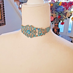 VCLM Aqua Crystal Turquoise Rhinestone Choker – High End Costume Piece Marked