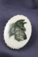 Vintage Porcelain Gold Tone Oval Brooch Scottish Terrier Dog 1.75”