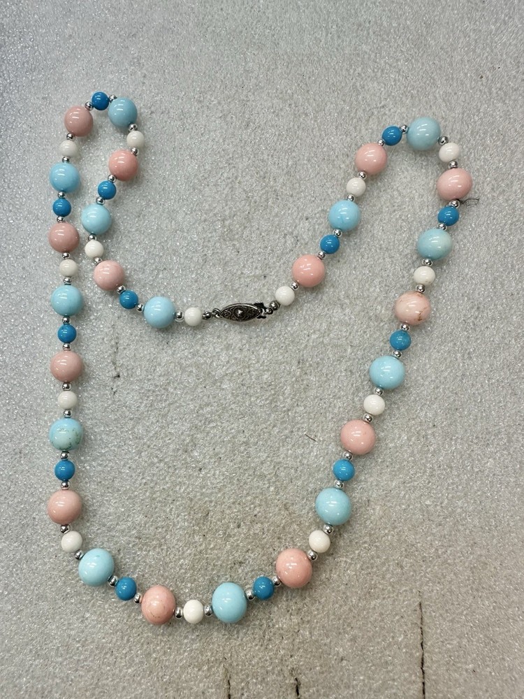 Vtg 22” PINK, White & Sky Blue Glass Bead Necklace