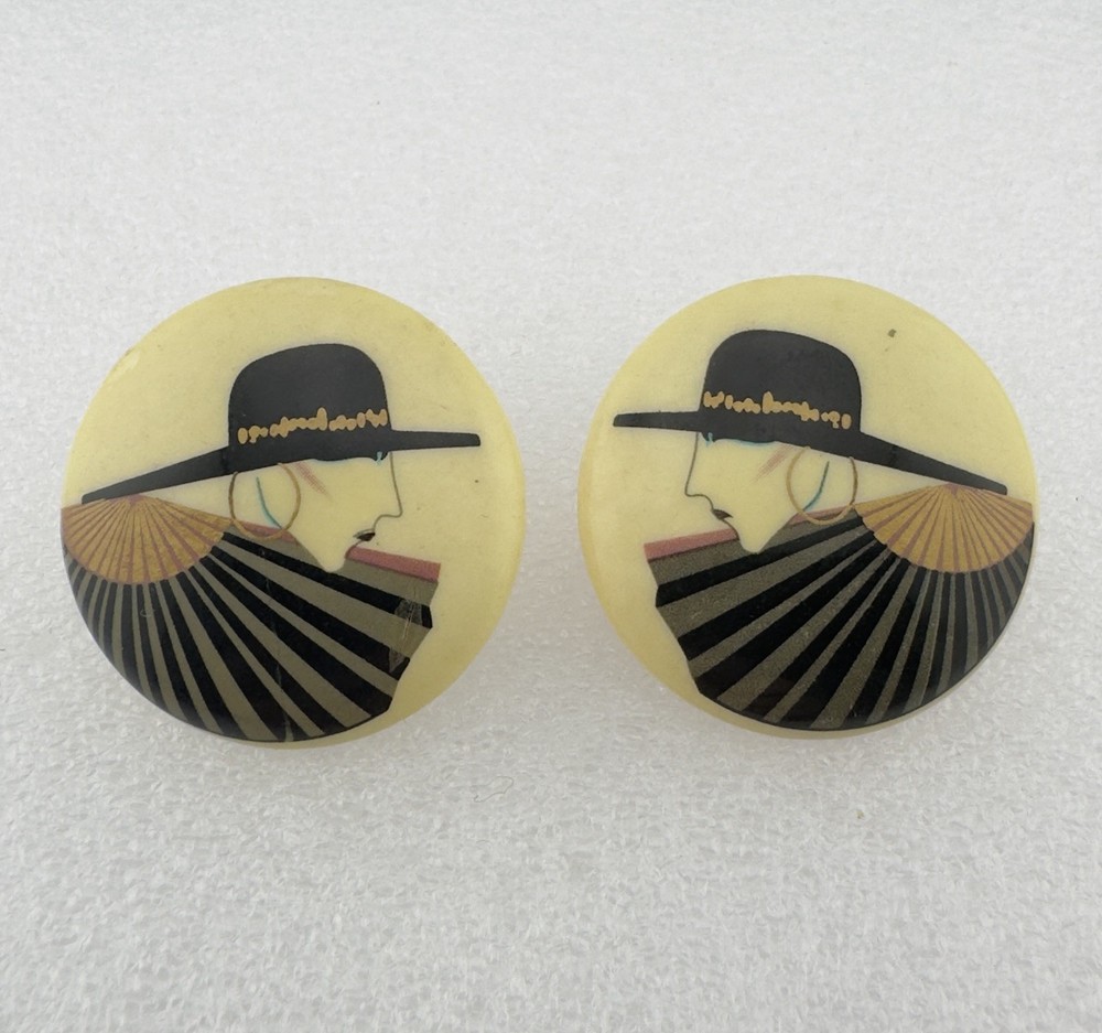 Vintage 80s Retro Stylized Art Deco Lady w hat Ceramic Post Earrings Nagel Style