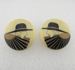 Vintage 80s Retro Stylized Art Deco Lady w hat Ceramic Post Earrings Nagel Style