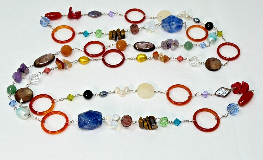 Unique 925 Sterling Silver Genuine Gemstone Pearl Crystal Bicone 32″ Necklace