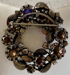 Vintage Austria Crystal Brooch Round Wreath Pink Purple Gold Tone Leaves