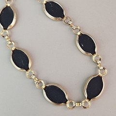 Vintage Glass Bracelet Black Oval Gold Tone Linked Safety Chain 7″