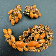 Vintage WEISS Bright Orange Rhinestone Brooch & Clip-on Earrings Jewelry Set