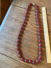 Carved Cinnabar Bead and Enameled Blue Metal Cap Vintage Beaded Necklace – 26”