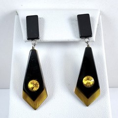 Vintage Black & Golden Color Lucite Rhinestone Dangle Pierced Earrings