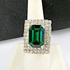 Vintage Rhinestone Ring Emerald Green Color Stone Square Shape Adjustable
