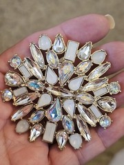 Vintage Brooch Sparkling Crystals AB Clear Milky White Gold Tone