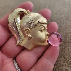 Vintage AJC Gold-Tone Brooch Ponytail Girl Blowing a Pink Bubble RARE