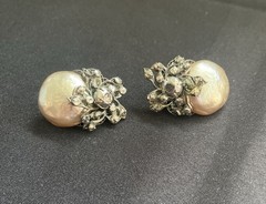 Miriam Haskell Large Signed Baroque Pearl Rhinestone Clip Earrings Vintage