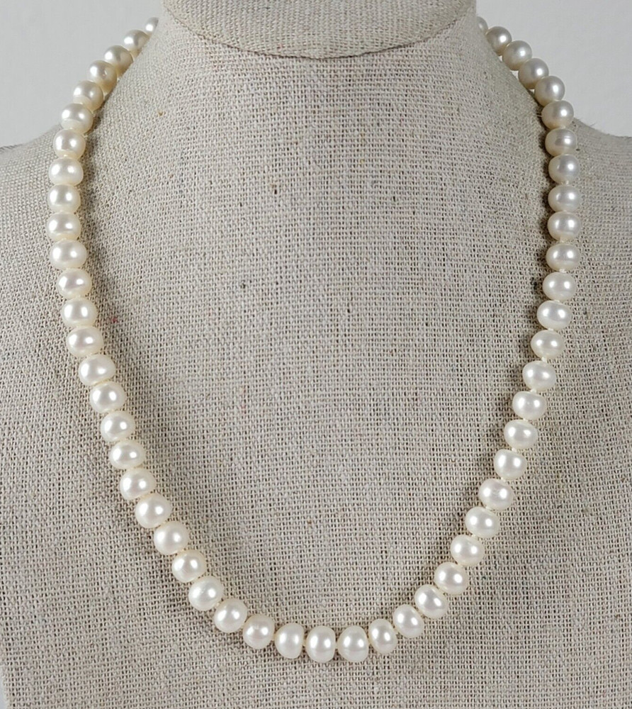 Vintage White Faux Pearl Glass Beaded Necklace 16 In Sterling Pin Clasp 6.2mm