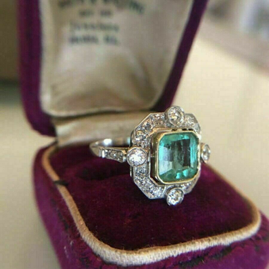 2 CT Green Asscher Diamond 14k White Gold Over Art Deco Wedding Ring 935 Silver
