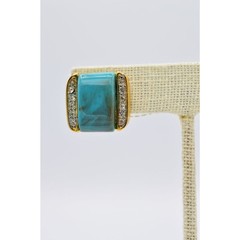 Vintage Earrings Clip On Faux Turquoise Crystal Rhinestone Gold NOS 1980s Bin8