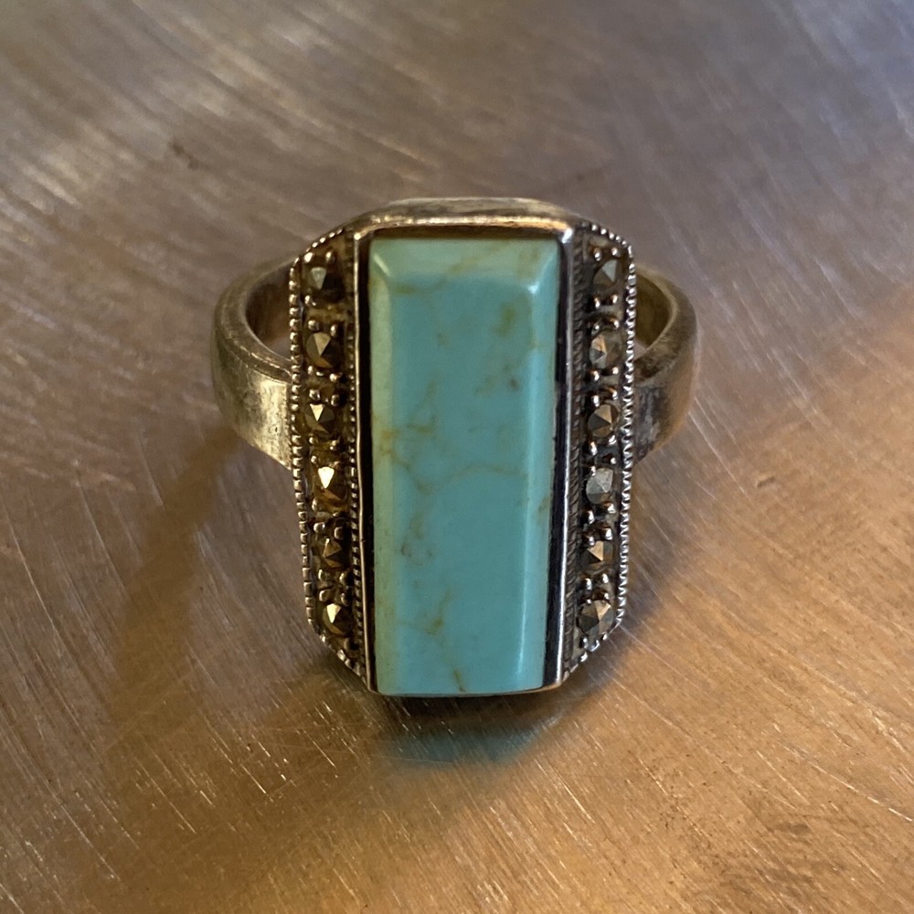 Vintage Sterling Silver Rectangle Marcasite Frame Turquoise Ring Size 7