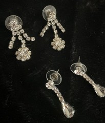 Sparkly Vintage Silver Tone Clear Rhinestone Dangle Pierced Earrings set Of 2