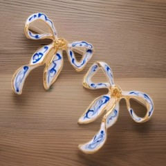 Stunning Goldtone Blue&white Enameled Stud Bow Earrings
