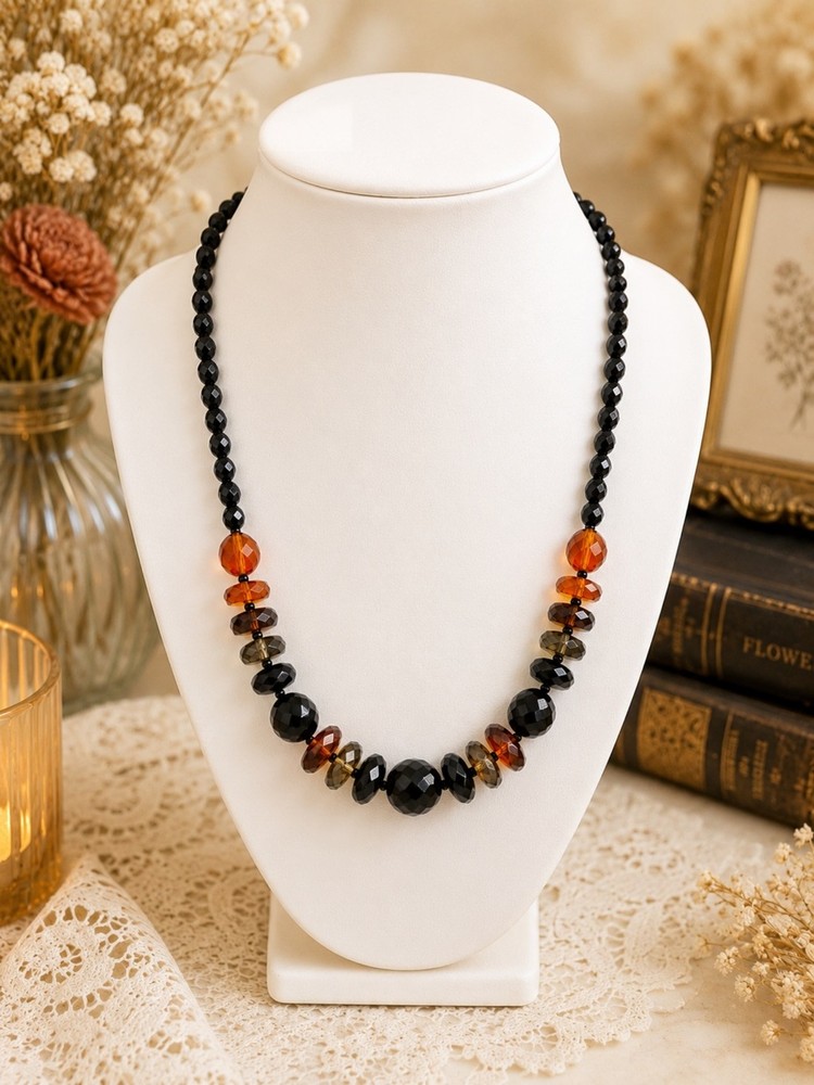 Vintage Czech Black Faceted Glass Bead Necklace Clear Crystal Accents 17″