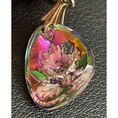 Vintage Intaglio Earrings Clip Ons Glass Floral Pink Iridescent Drop Dangle READ