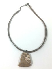 Polished Rock Stone Leather Choker Necklace Triple Strand Brown Beige Neutrals