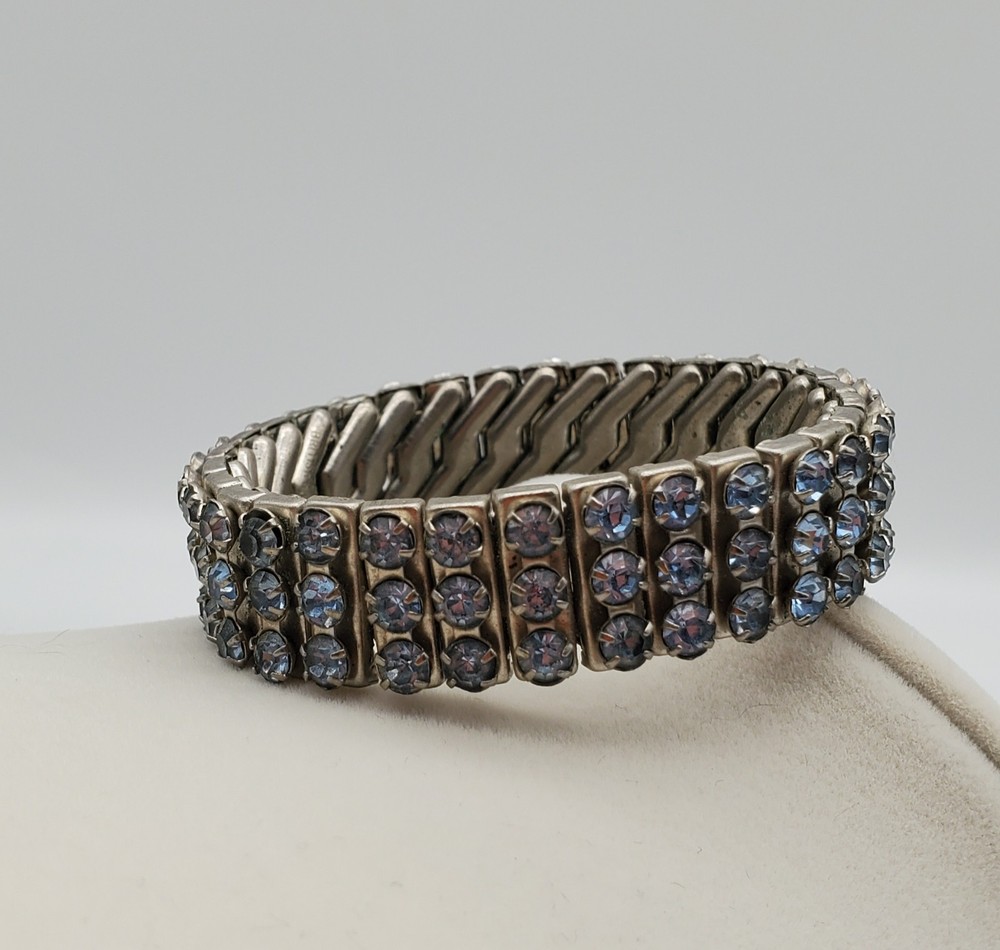 Vintage Light Blue Rhinestone Expandable Silver Tone Metal Bracelet, c. 1950’s