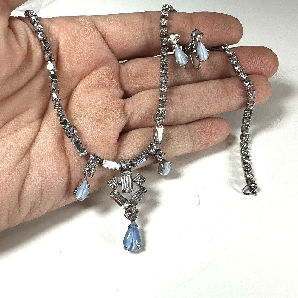 Vintage Necklace Lind Gal Rhinestone Blue Teardrop Earrings Set Dainty