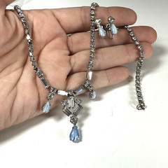 Vintage Necklace Lind Gal Rhinestone Blue Teardrop Earrings Set Dainty