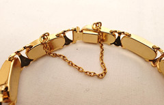 Vintage Spanish Style Damascene Black & Gold Tone Link Bracelet w/ Safety Chain