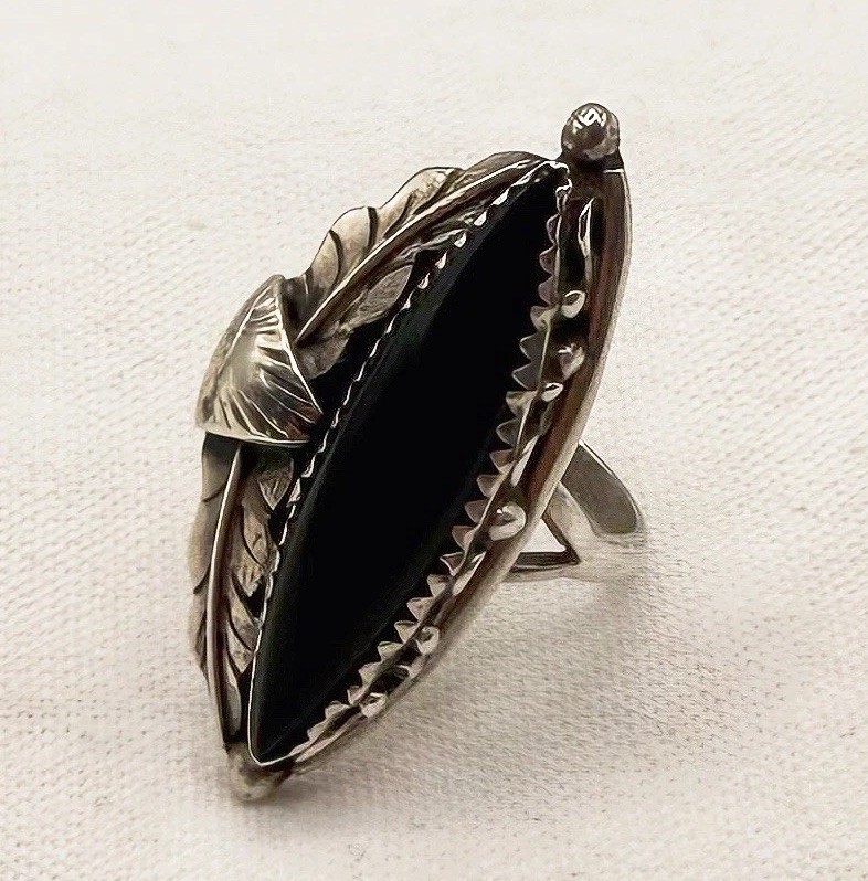Vintage Sterling Silver Black Onyx Navette Ring Size 7.25 | Signed By Artist 925