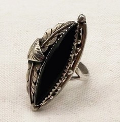 Vintage Sterling Silver Black Onyx Navette Ring Size 7.25 | Signed By Artist 925