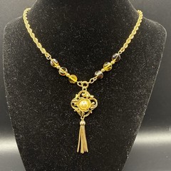 Custom OOAK Vintage 1980s Rope Chain with Amber & Faux Pearl & Tassel Pendant
