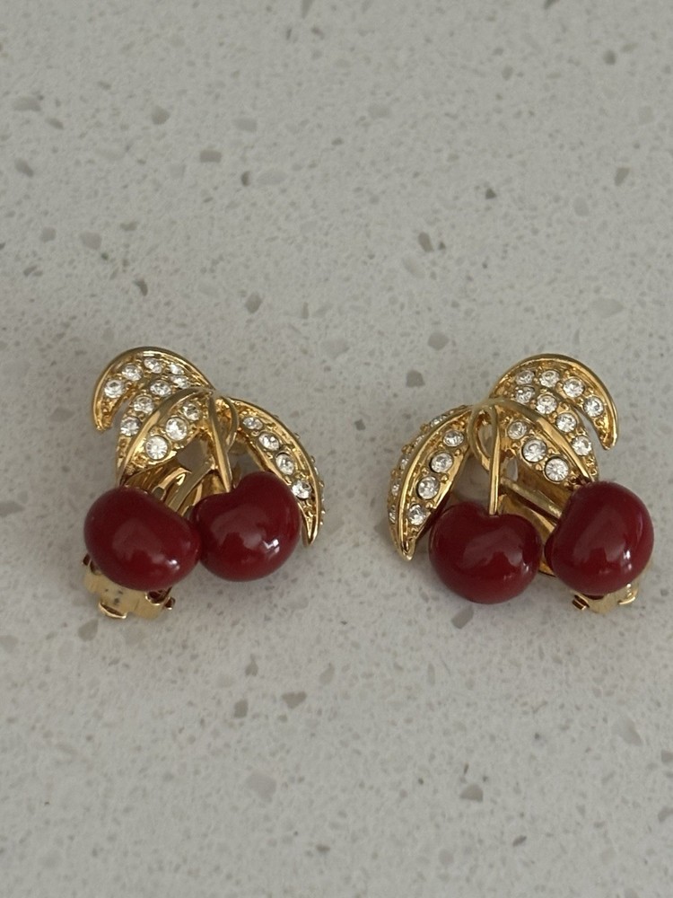 Joan Rivers Red Cherries Set Gold Tone Rhinestones Leaves Earrings