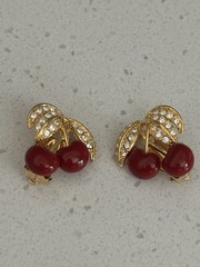 Joan Rivers Red Cherries Set Gold Tone Rhinestones Leaves Earrings
