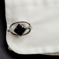 Western Style Deep Black Onyx Open Metal Silver Tone Fancy Formal Cufflinks