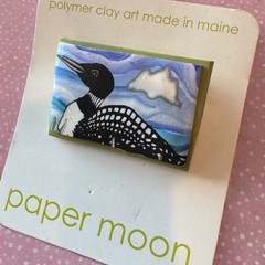 Paper Moon Polymer Clay Loon Brooch Hand Painted Maine Folk Art Nature Pin