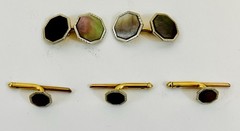 Vintage Antique Pair of Octagon MOP 14K Gold Cuff Links + 3 Shirt Studs 14K Gold