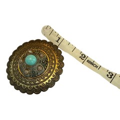 Czech 1950s Brass Brooch Faux Turquoise Cabochon Vintage Filigree Costume Jewel