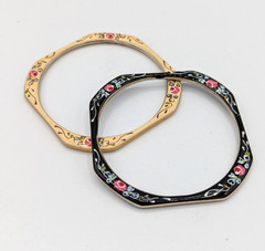 2 Vintage Octagon Bangle Bracelet Black & Ivory Enamel Hand Painted Roses
