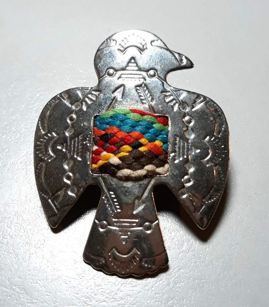 Vintage Thunderbird Pin – Silver‑Tone Metal with Woven Multicolor Inlay 1½ in