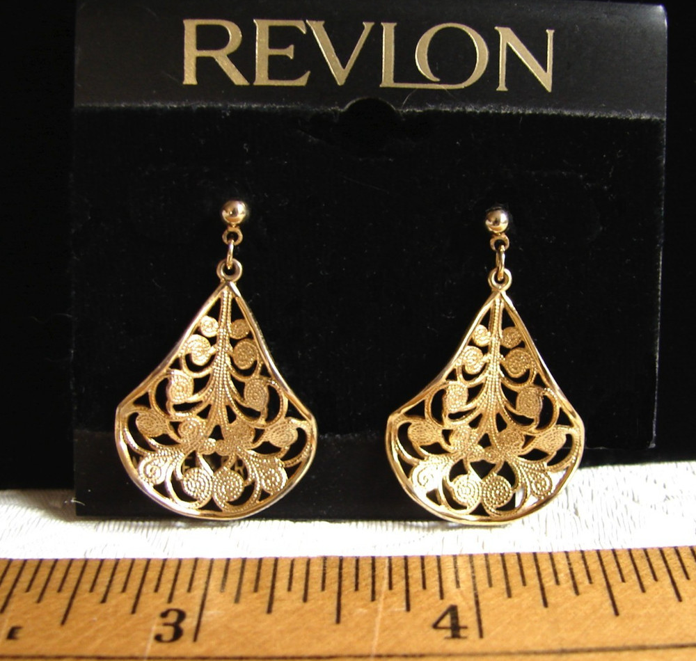 Vtg NEW Revlon Pierced Dangle EARRINGS, Gold Tone Filigree, MOC G31