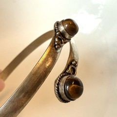 Ethnic Tiger’s Eye Gemstone Silver Tone Adjustable Cuff Bracelet / Arm Band 9.5”