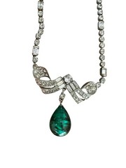 Vintage Schoffel 16″ Rhinestone & Faux Cabochon Emerald Green Necklace 1930s