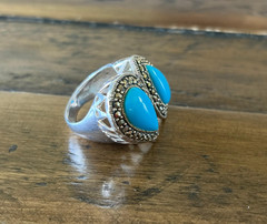 Marcasite Sterlling Silver Chunky Ring, Double Teardrop Turquoise Stone Ring